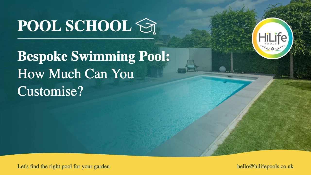 Bespoke swimming pool guide from HiLife Pools, with pool steps in a hedged garden