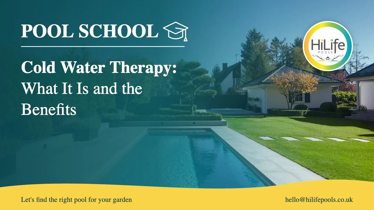 Cold water therapy guide from HiLife Pools, with a long pool in an autumn garden