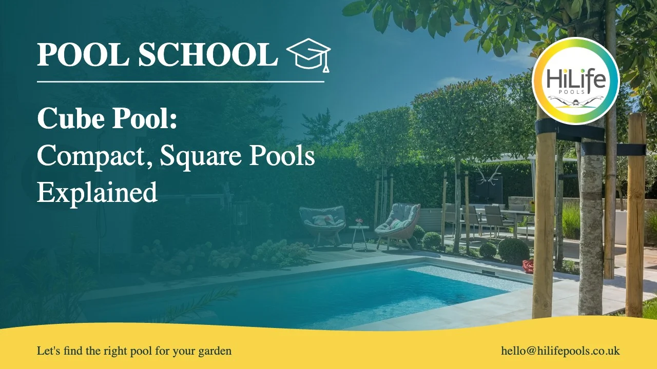 cube pool featured Cube pool guide from HiLife Pools, with patio seating beside a garden pool.