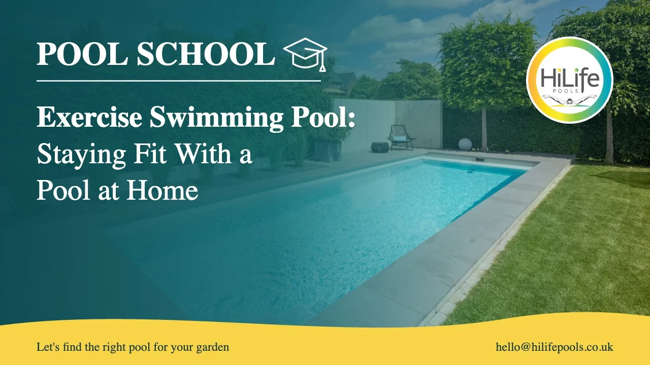 Exercise swimming pool guide from HiLife Pools, with pool steps in a hedged garden