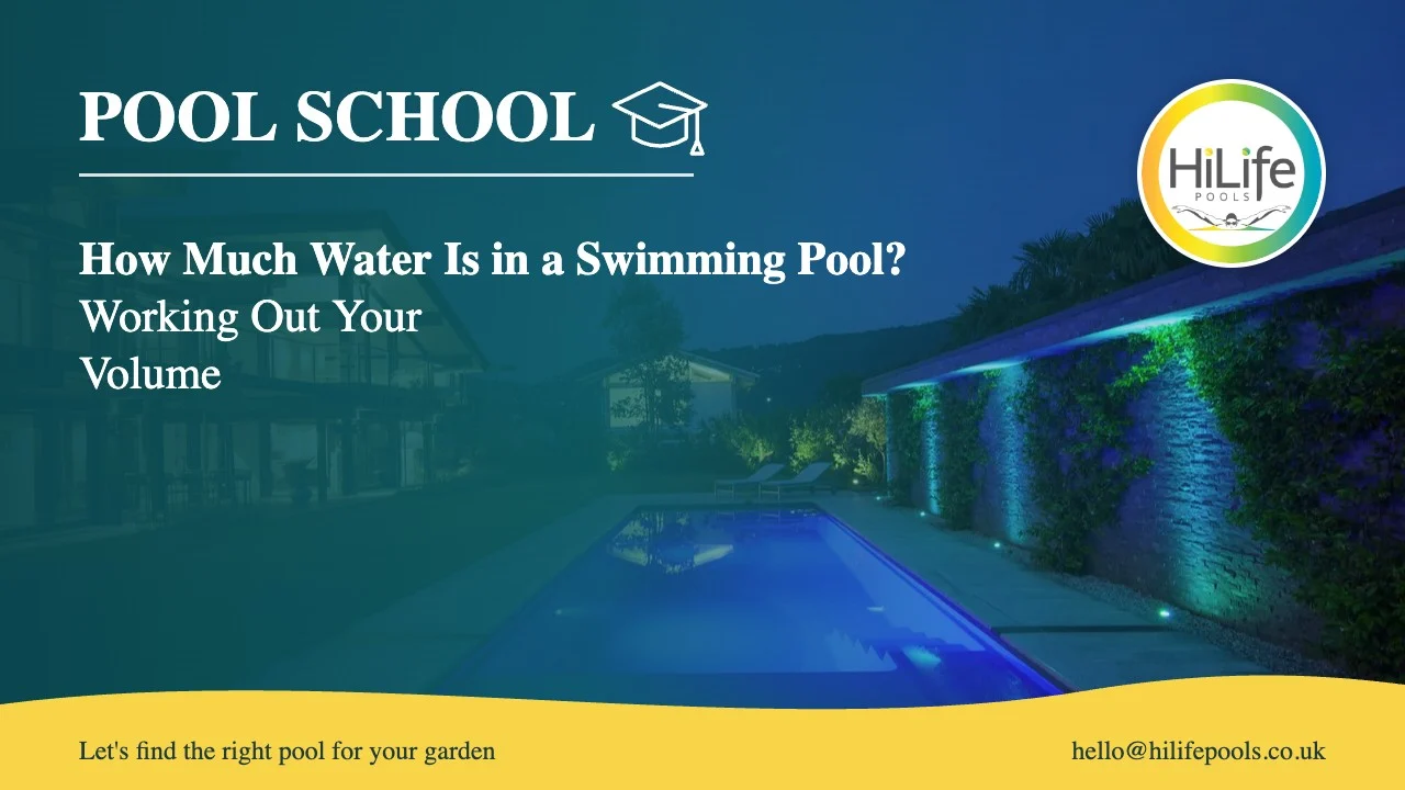 How much water is in a swimming pool guide from HiLife Pools, with a garden pool lit up at night