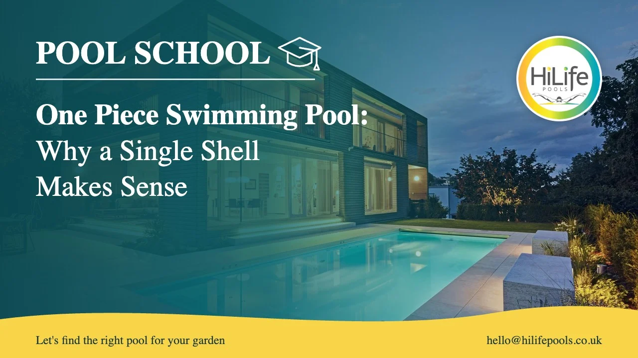one piece swimming pool featured One piece swimming pool guide from HiLife Pools, with a modern house and pool with evening lights.
