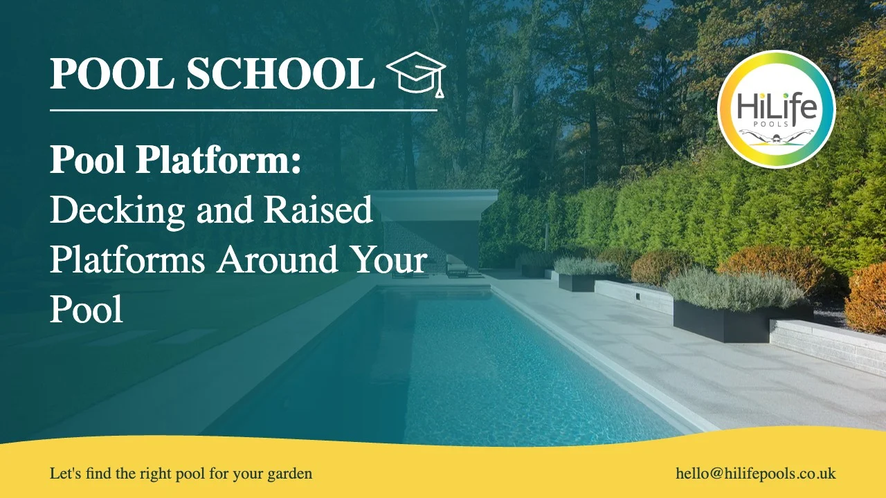 pool platform featured Pool platform guide from HiLife Pools, with a long, narrow lap pool