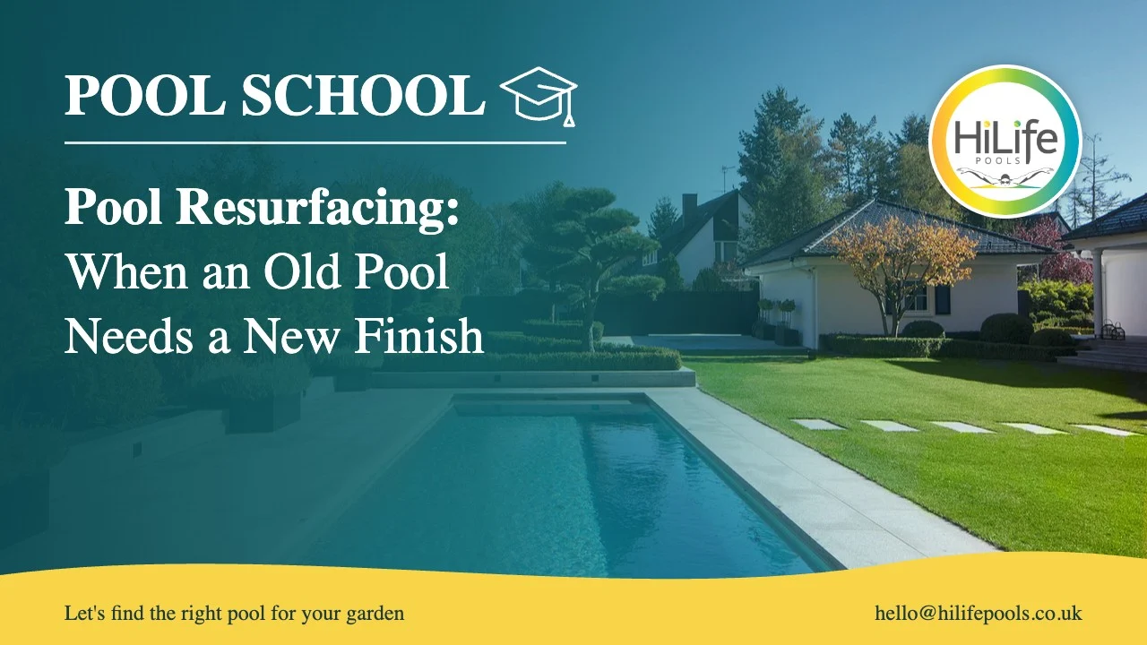 pool resurfacing featured Pool resurfacing guide from HiLife Pools, with a long pool in an autumn garden