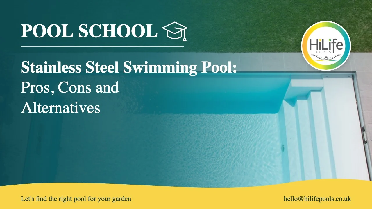 stainless steel swimming pool featured Stainless steel swimming pool guide from HiLife Pools, with clear water over pool steps.