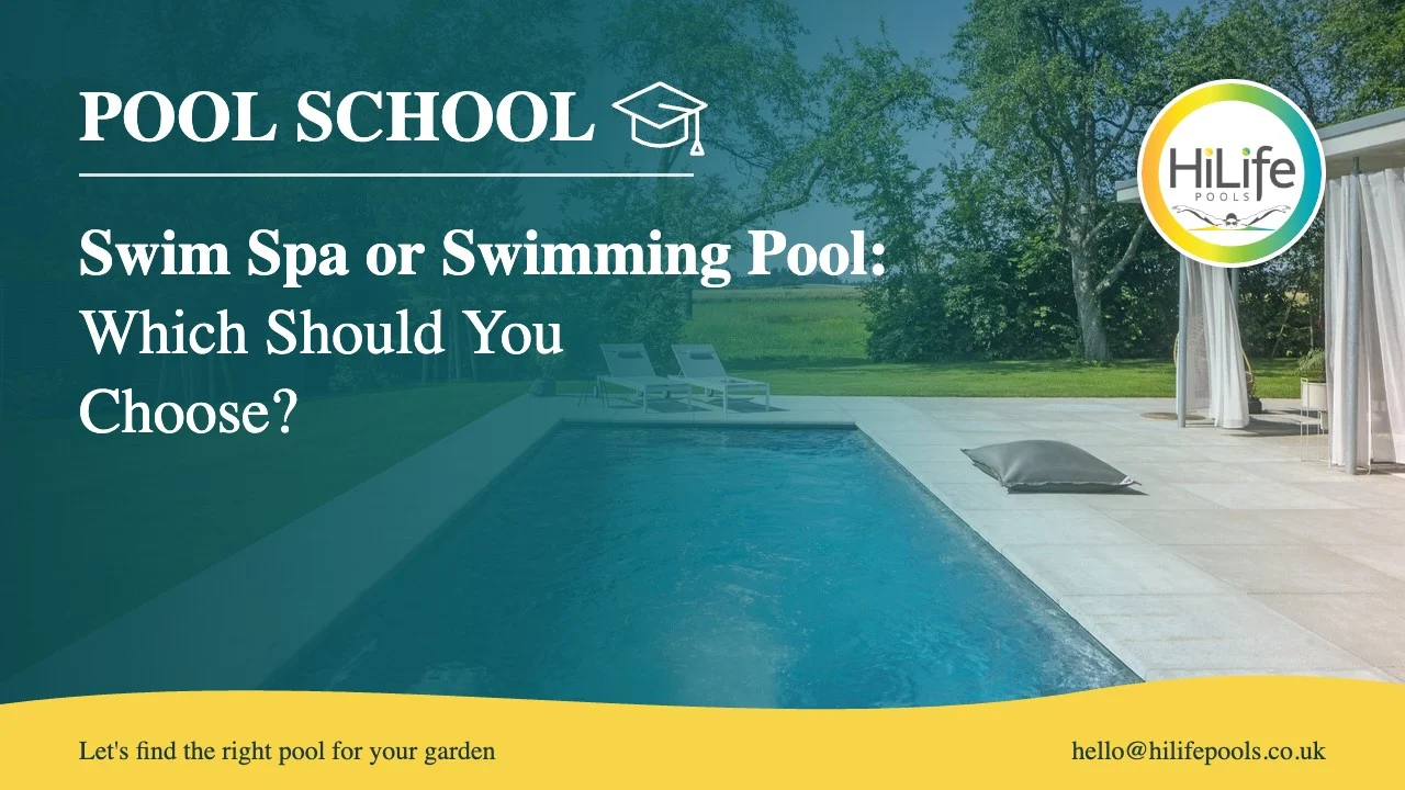 Swim spa guide from HiLife Pools, with a pool with a swim jet and pergola