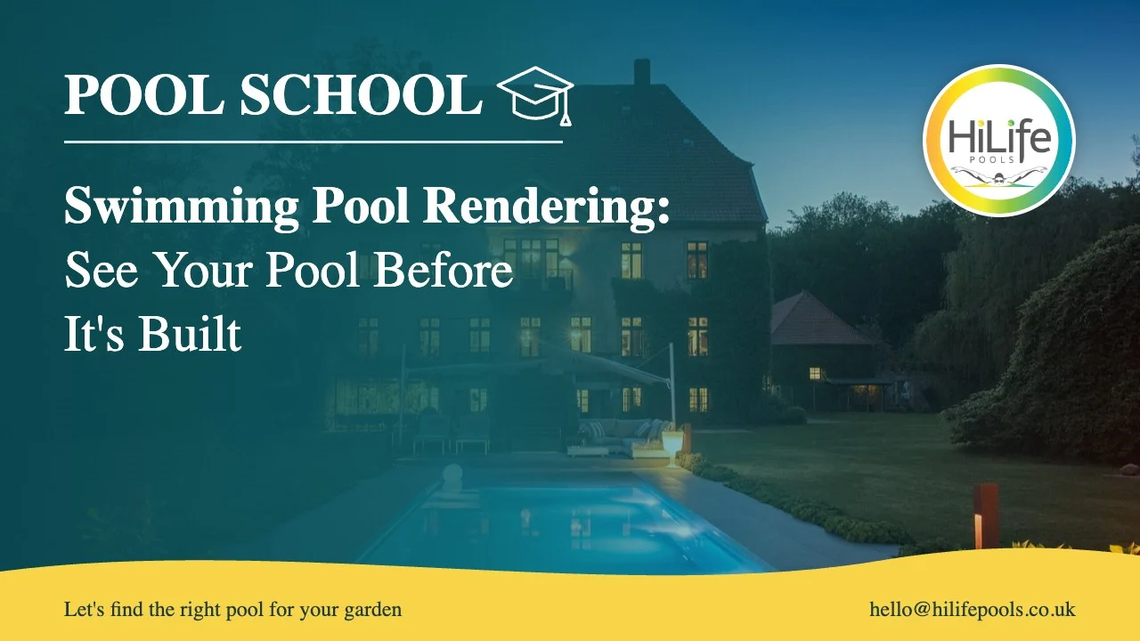 swimming pool rendering featured Swimming pool rendering guide from HiLife Pools, with a pool at dusk beside a period house.