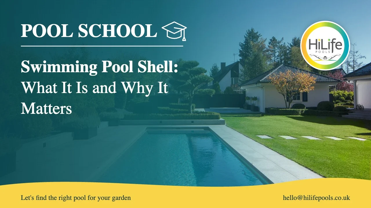 swimming pool shell featured Swimming pool shell guide from HiLife Pools, with a long pool in an autumn garden.