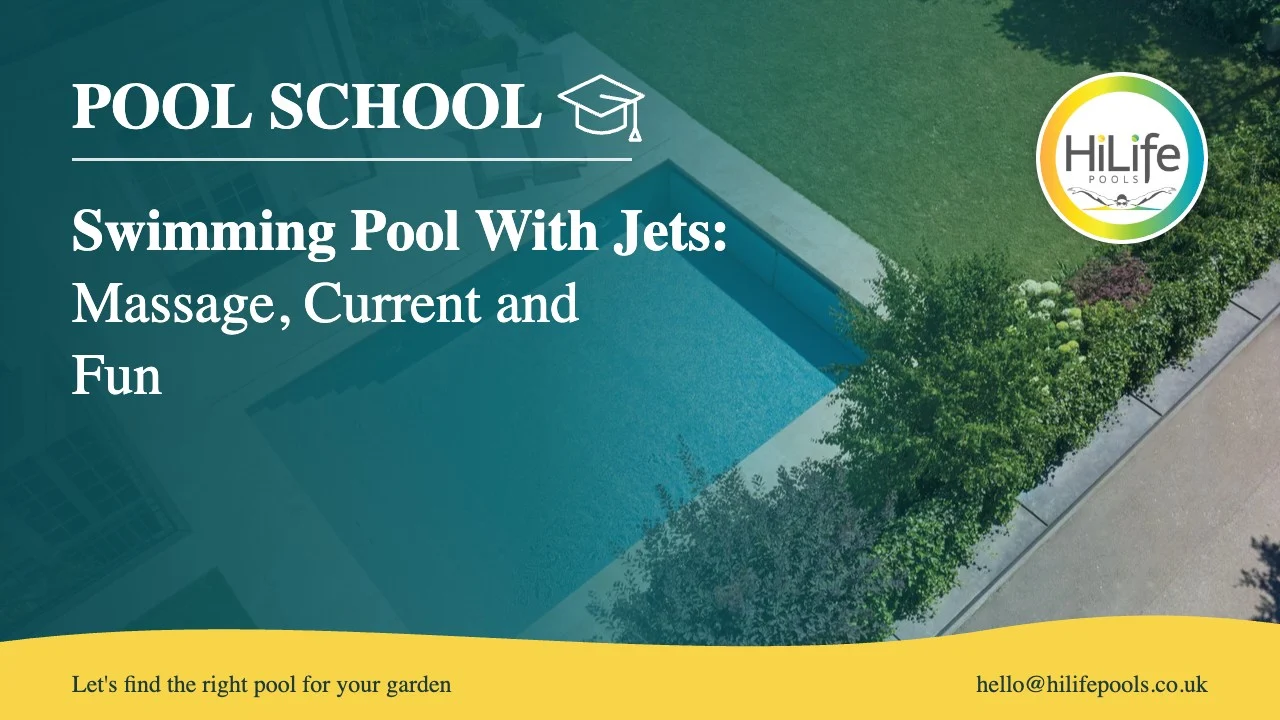 swimming pool with jets featured Swimming pool with jets guide from HiLife Pools, with an aerial view of a pool, house and loungers.