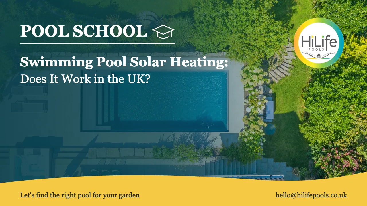 Swimming Pool Solar Heating Swimming pool solar heating guide from HiLife Pools, with an aerial view of a garden pool